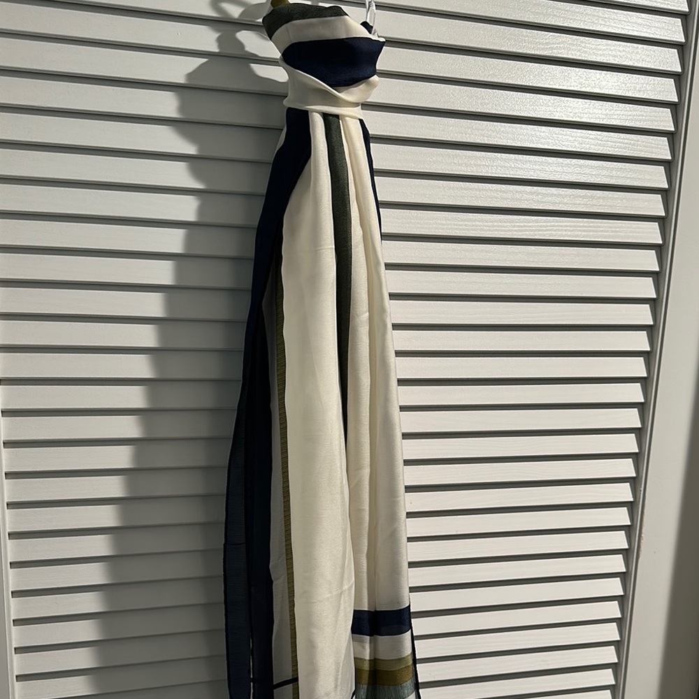 NWT Pretty Persuasions Long Stripped Scarf in Off white, green, blue and gold.
